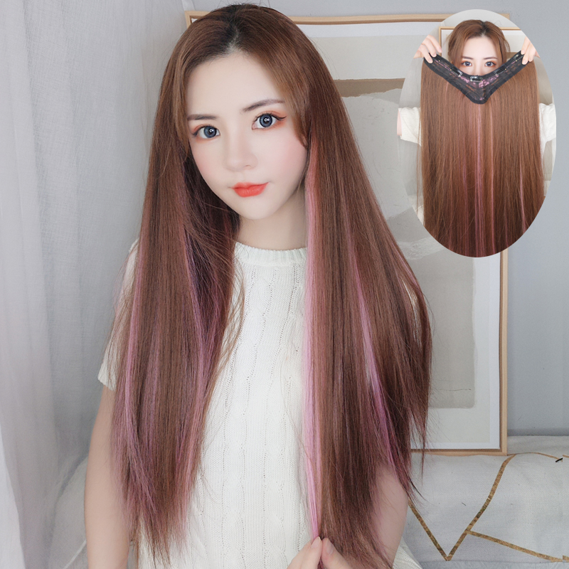 渐变挑染假发片女长发粉色一片式女长直发无痕隐形接发头顶补发片