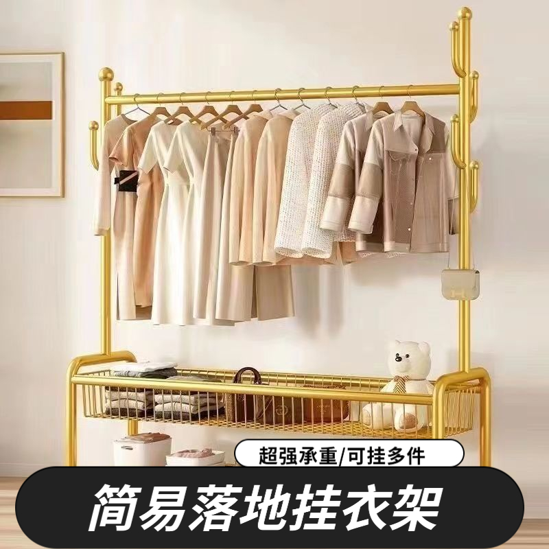 简易衣帽架卧室落地挂衣架房间可移动轻奢家用收纳筐客厅衣服架子