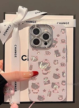 适用KT猫苹果16E手机壳iPhone15promax专用14plus外壳13爆款12电镀羽纱11带镜头膜8新款女7防摔xsmax保护套6s