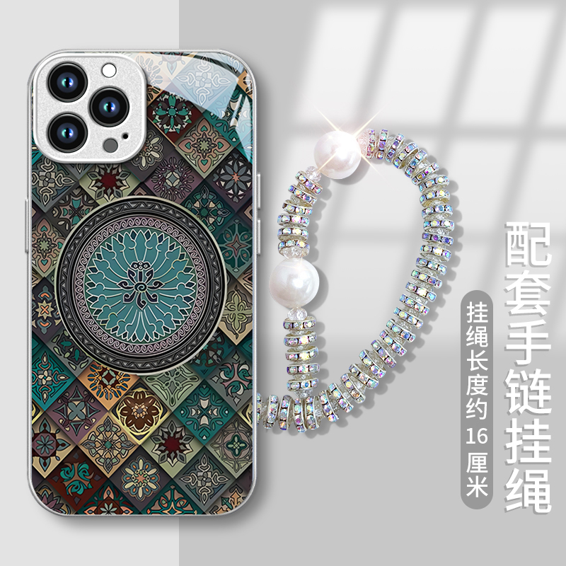 适用苹果16ProMax手机壳15Plus新款14创意iPhone13图腾莲花12mini金属漆11玻璃保护套xs全包6s防摔7/8Plus潮