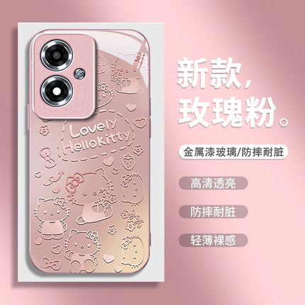 适用OPPOA1i手机壳新款创意简约手绘线条凯蒂猫PJU110金属漆玻璃保护套全包边防摔外壳时尚男女