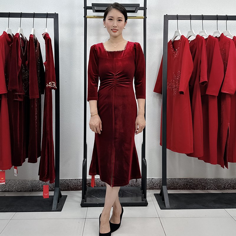 喜婆婆婚宴装秋冬季喜服女方妈妈结婚礼服K高贵年轻连衣裙鱼尾裙