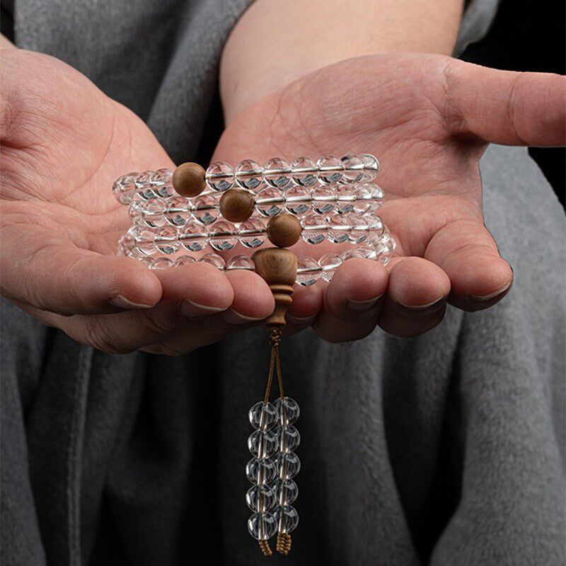 白水晶108颗佛珠手链纯天然水晶手串老山檀木念珠简约净心男女款