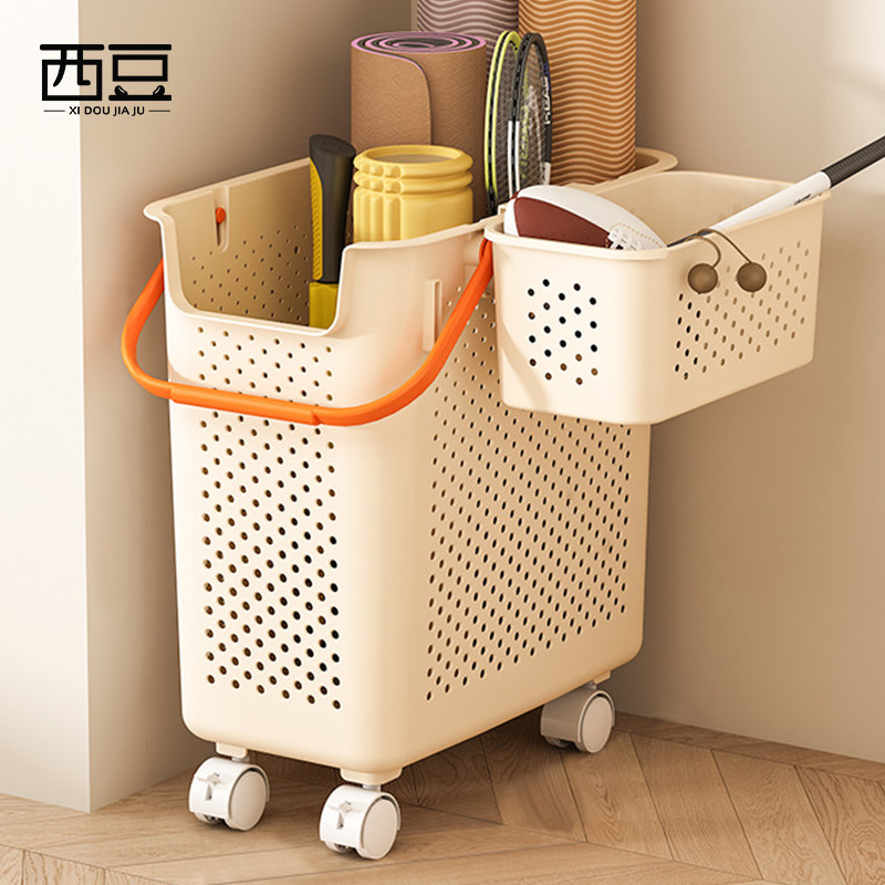 瑜伽垫收纳筐带轮家用健身器材运动用具夹缝大容量羽毛球拍置物架