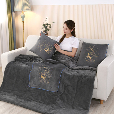 秋冬加厚牛奶绒两用抱枕被子保暖办公室汽车午休枕头被床头靠垫被