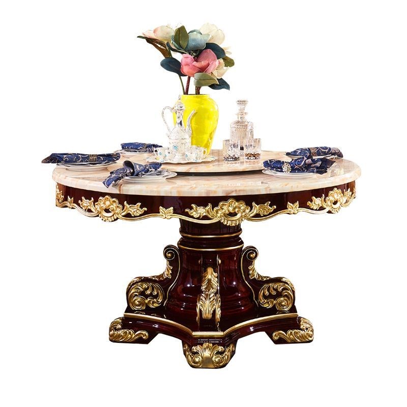 欧式餐桌全实木旋转n圆桌新古典红檀色啡网大理石面美式餐桌椅组