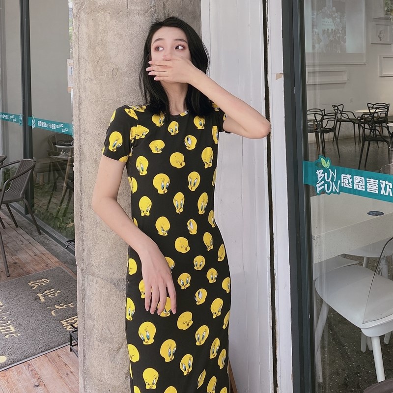 2025夏季新款女l装潮时尚卡通连衣裙纯棉修身显瘦印花短袖T恤长裙