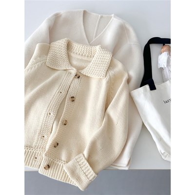 2024秋冬羊毛翻领针织开衫女宽松显瘦加厚毛衣外穿可内搭黄色系