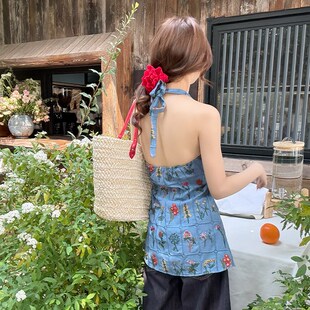 龙妹家蓝色印花挂脖吊带女内搭夏新款 独特绝美背心裙外穿打底上衣