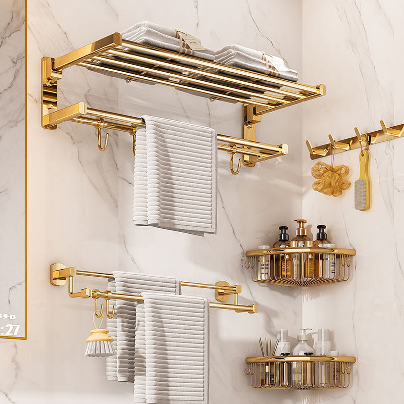 金色毛巾架全铜浴巾架卫浴五金架子化妆室浴室置物架免打孔套装