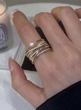 韩国设计感微镶锆石交叉开口戒指网红冷淡风食指戒个性夸张指环女