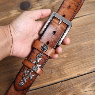 腰带休闲牛仔裤 头层纯牛皮手工复古皮带男u真皮针扣潮流铆钉个性