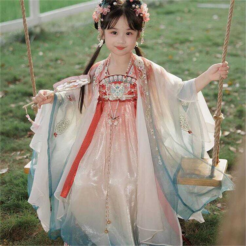 女童汉服夏新款中国风大袖衫渐变色齐胸襦裙女宝宝古风连衣裙套装