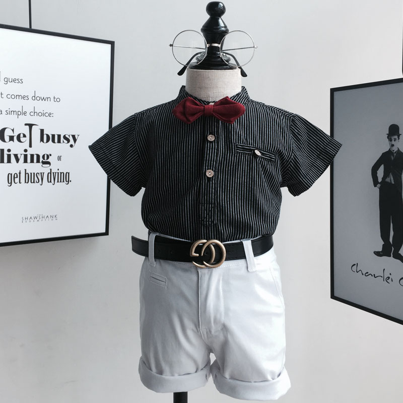 男宝宝夏季新款英l伦风礼服 男童周岁短袖衬衫套装条纹帅气演出服