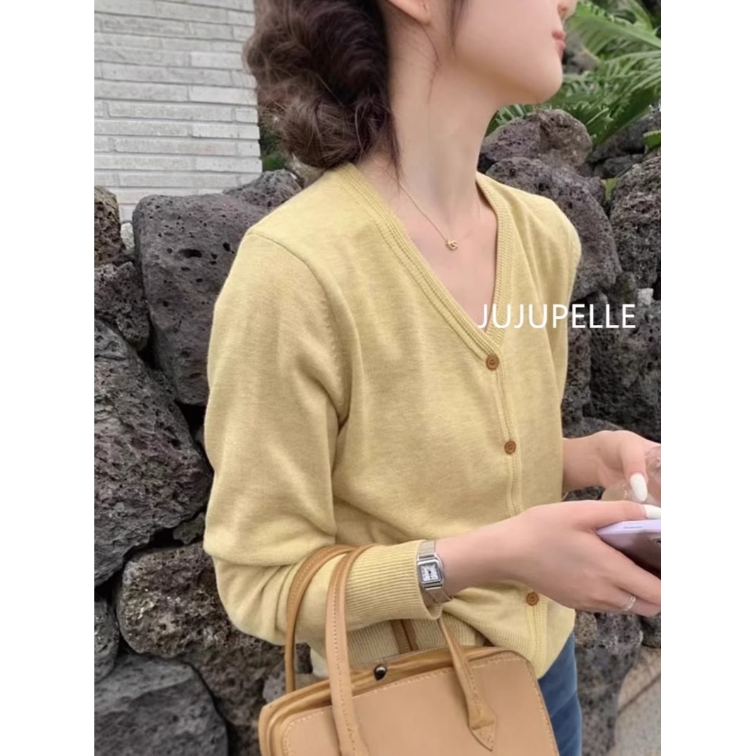 小v开衫韩系氛围感纯色针织外套女春季薄款百搭毛衣内搭短款上衣