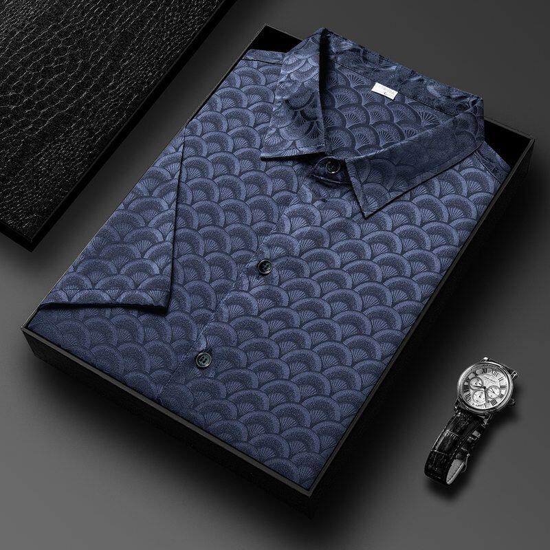 2025夏季新款男士短袖衬衫桑蚕丝中年真丝衬衣半袖爸爸装男丝绸衣