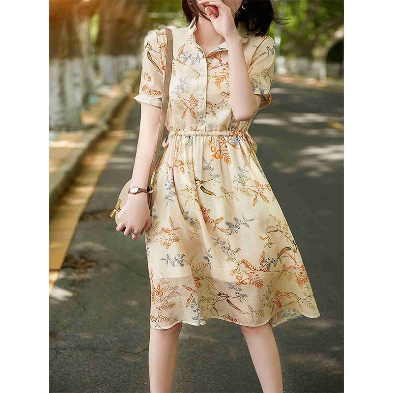 高端丝麻鸢尾花裙子 亚麻真丝连衣裙新款 桑蚕丝收腰短袖夏季女装