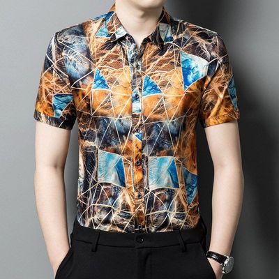 真丝短袖衬衫男装薄款印花桑蚕丝