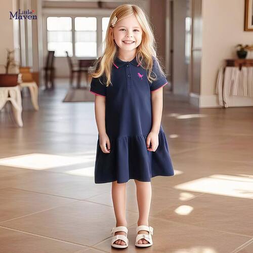 Little maven2024欧美烫画童裙夏季女童短袖连衣裙纯棉儿童公主裙