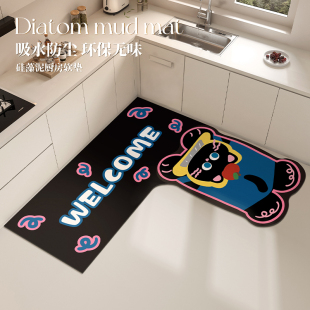卡通小猫L形厨房专用地垫加厚硅藻泥防水防油防滑脚垫子可擦免洗