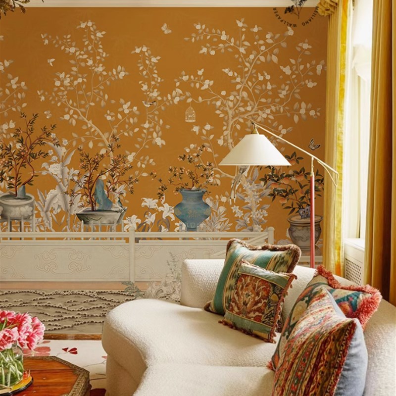 花鸟壁纸法式中式复古客s厅墙纸背景墙定制餐厅无纺布墙布定制壁