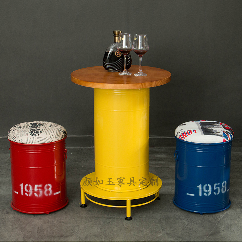 复古工业风铁艺做旧圆凳椅子咖啡厅酒吧椅奶茶店创意油桶桌椅组合