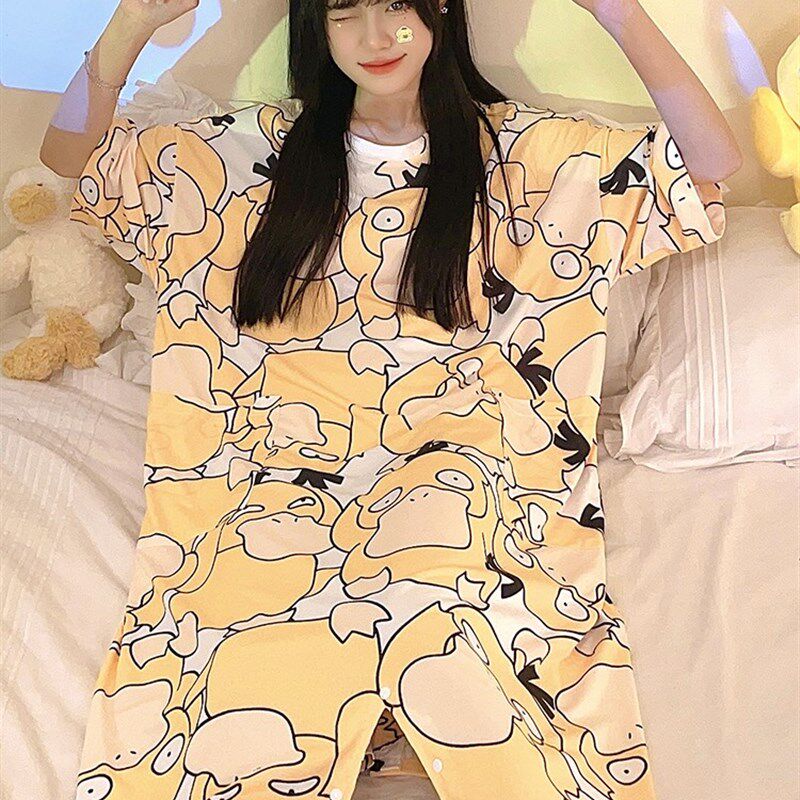 2024年夏天季纯棉睡裙女短袖薄款大码宽松可爱连体睡衣卡通家居服