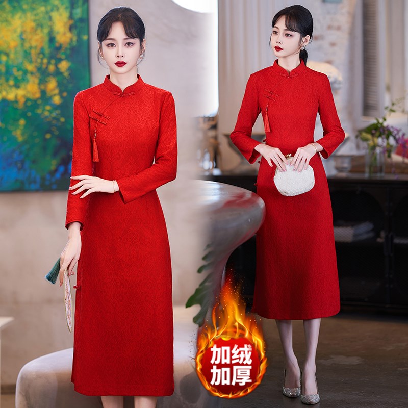 2024秋冬新款红色旗袍连衣裙敬酒服加绒加厚新娘结婚订婚回门礼服