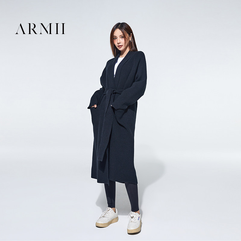 ARMII黑色长袖针织衫宽松羊毛外套女中长版系带毛衣大衣开衫秋冬
