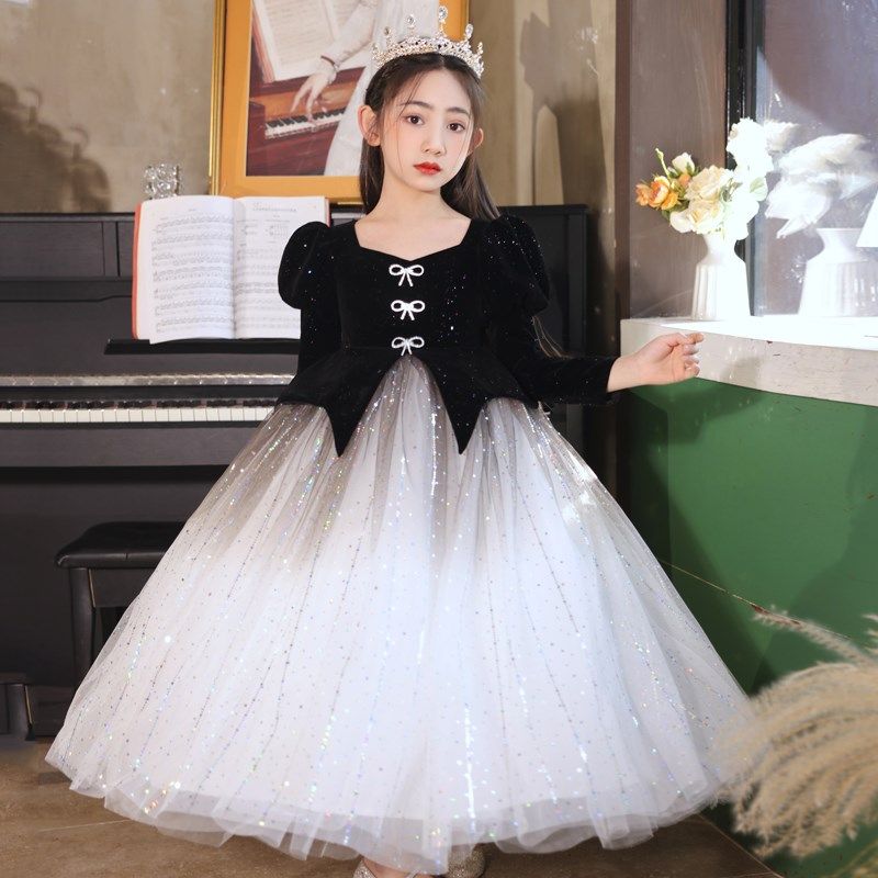 黑色礼服女童轻奢小众高端主持人钢琴演奏冬季2023新款儿童公主裙