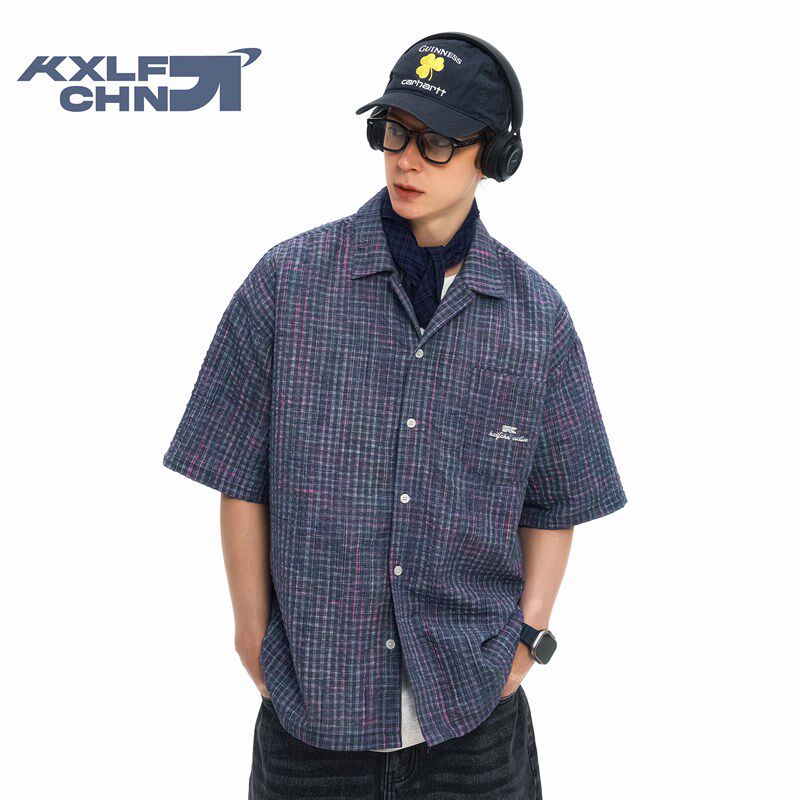 KXLFCHN空穴来风 彩纱格纹短袖衬衫男女夏宽松休闲古巴领格子上衣