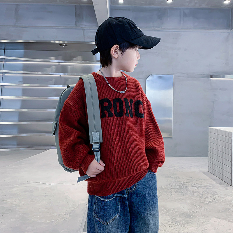 男童秋冬装红色圆领加厚毛衣2023新款中大童男孩冬季针织衫卫生衣