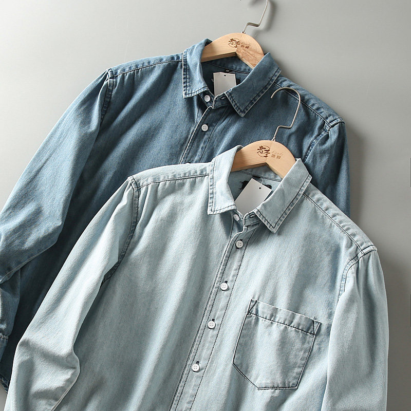 秋季新款 复古腔调 酵素水洗男士全棉简约休闲翻领长袖牛仔衬衫潮