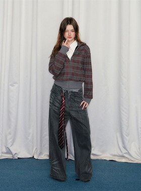 CyNi 复古格子连帽开衫卫衣加绒外套短上衣2024秋冬女修身气质感o