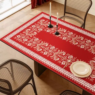 法式红色新年节日希尔薇花皮革餐桌垫复古防水防油桌布桌面茶几垫