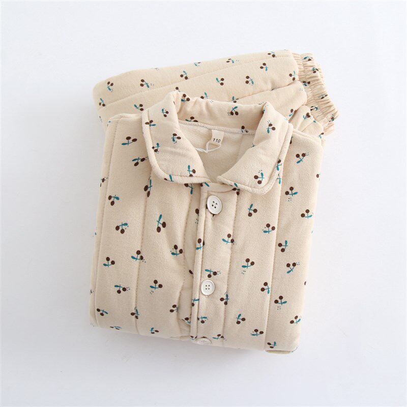 秋季男童女童中大童儿童宝宝三层纯棉绒布加厚夹棉家居服套装睡衣