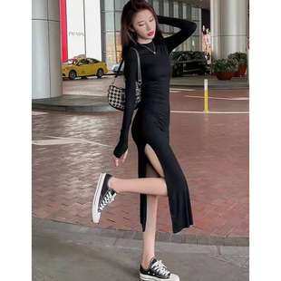 2022新款春季性感连衣裙女大码胖mm显瘦半高领针织打底开叉长裙秋