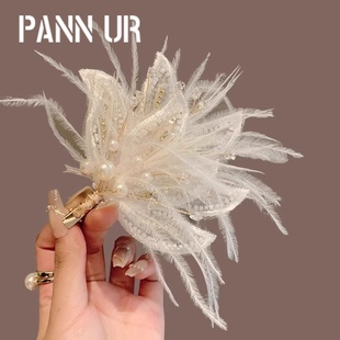 超仙森系花朵珍珠羽毛发夹女氛围感发卡古风汉服配饰高级感发饰
