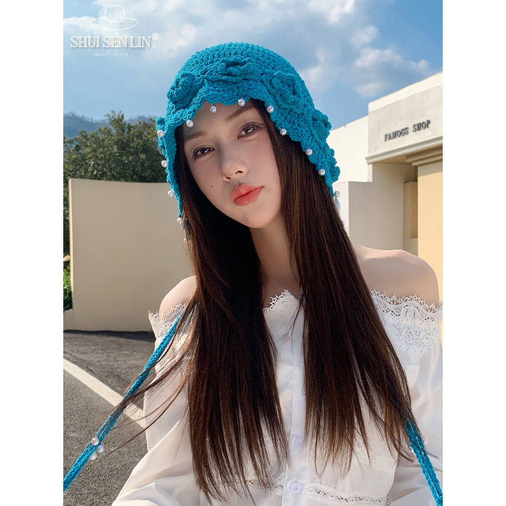 手工编织立体花朵包头帽子女春夏季珍珠流苏镂空透气显脸小套头帽