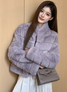 2025冬季新款獭兔毛皮草星黛露紫色龙猫短皮草女立领毛毛网红外套