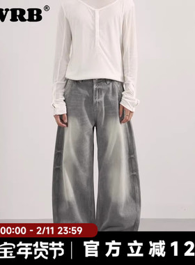 AWRB美式复古烟灰色牛仔裤男女宽松水洗设计vintage弯刀长裤