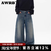 AWRB美式 子 潮牌裤 复古做旧水洗拼接牛仔裤 男痞帅直筒宽松弯刀裤