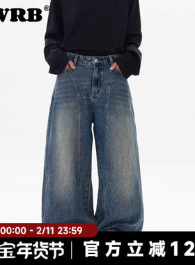 AWRB美式复古做旧水洗拼接牛仔裤男痞帅直筒宽松弯刀裤潮牌裤子