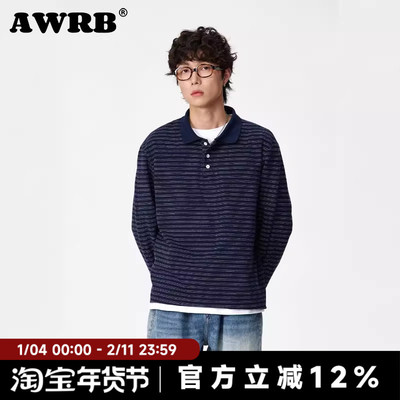 AWRB美式复古条纹polo衫卫衣男2026春季新款宽松百搭休闲上衣