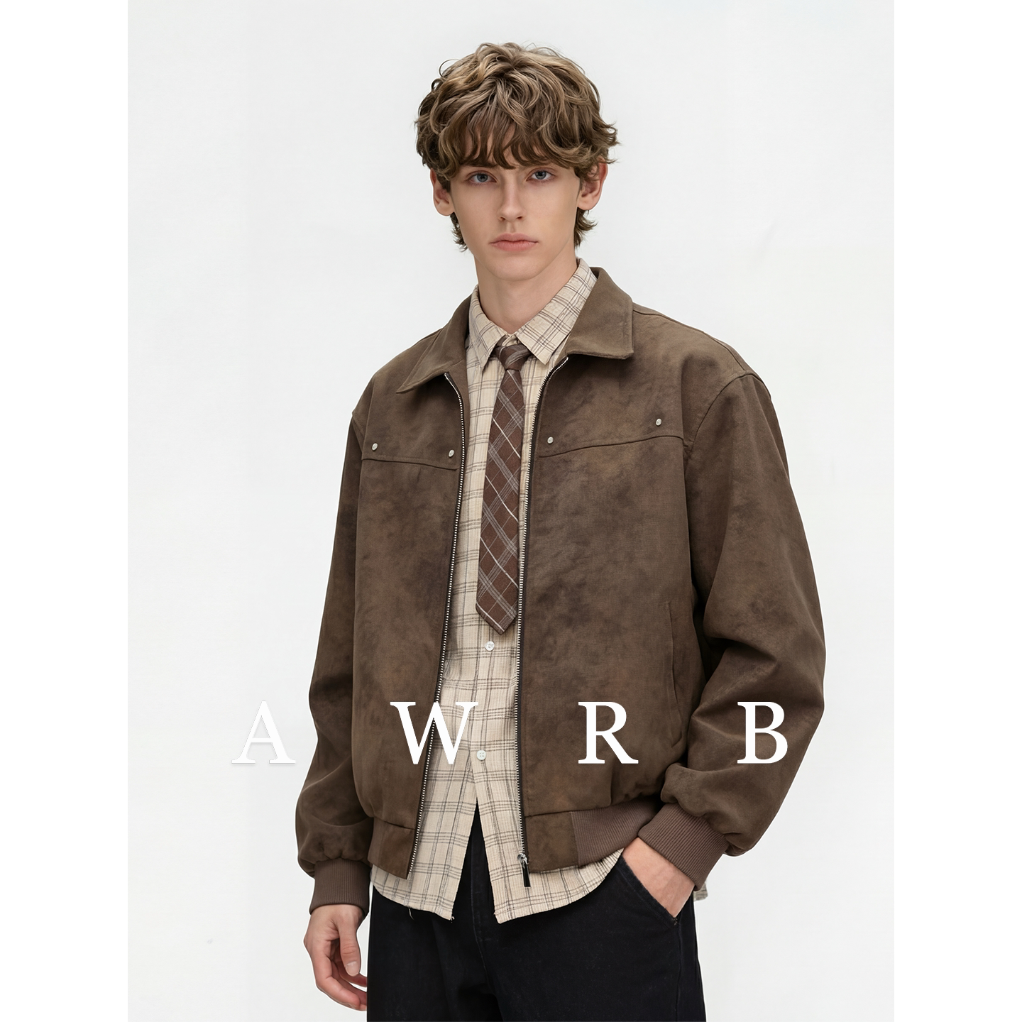 AWRB美式复古翻领皮衣男春秋季新款潮牌宽松百搭潮流夹克休闲外套
