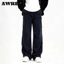 设计感休闲裤 水洗深色口袋工装 子 男春秋季 AWRB宽松阔腿褶皱牛仔裤