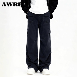设计感休闲裤 水洗深色口袋工装 子 男春秋季 AWRB宽松阔腿褶皱牛仔裤