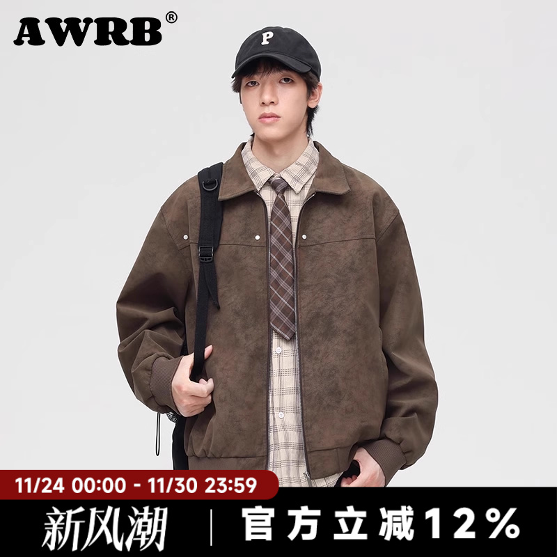 AWRB美式复古翻领皮衣男春秋季新款潮牌宽松百搭潮流夹克休闲外套