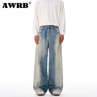 男女百搭baggy阔腿直筒长裤 AWRB美式 潮牌手工泼墨做脏牛仔裤