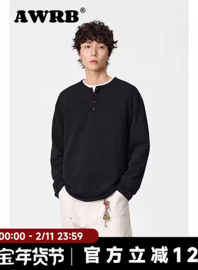 AWRB美式复古亨利领套头长袖打底男纯色宽松情侣休闲T恤上衣